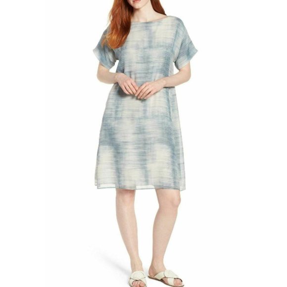 Eileen Fisher Bateau Neck Silk Shift Dress Blue PM - Picture 1 of 3